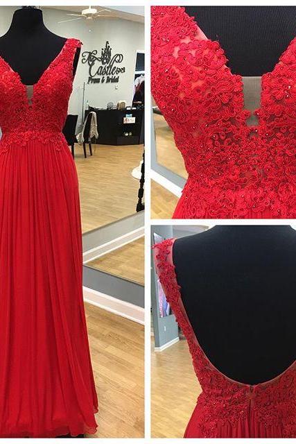 Sexy Back Open Long Prom Dress Red Lace Appliqued Prom Party Gowns , A Line Long Evening Dress, Women Party Gowns 