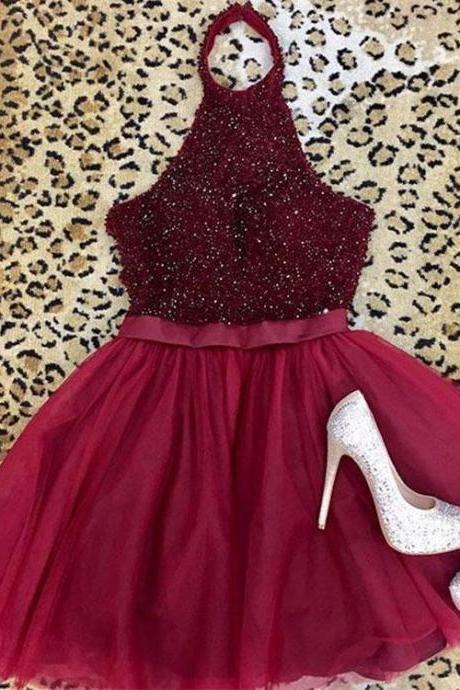 Sparkly Burgundy Tulle Short Homecoming Dress, A Line Short Prom Party Gowns ,mini Party Gown For Women , Short Cocktail Gowns