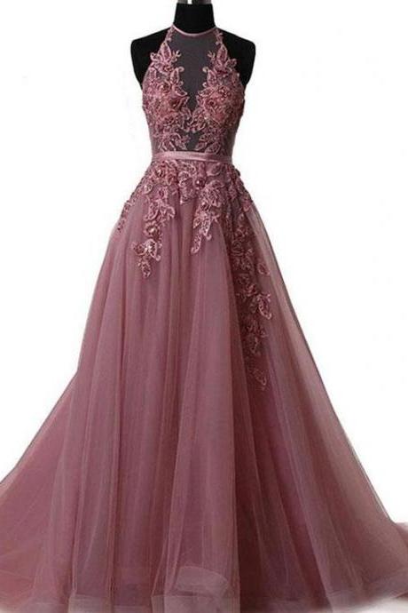 Sexy A Line Lace Tulle Long Prom Dress Plus Size Halter Arabic Evening Party Gowns 2019 Formal Prom Gowns With Appliqued