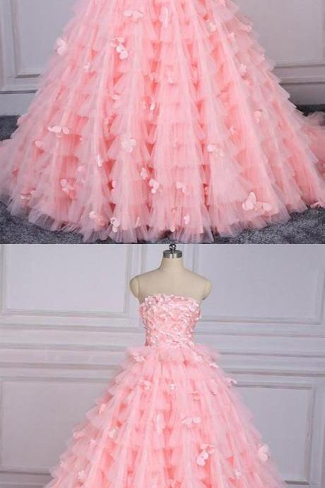 Off the Shoulder Pink Tulle Long Prom Dress Custom Made Skirts Tiers Prom Party Gowns ,a line quinceanera dress, wedding party dress 2019
