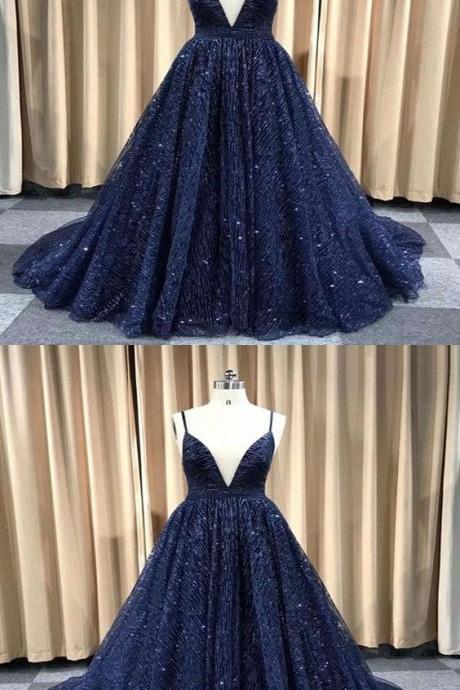 Sparkly Navy Blue Sequin V-neck Formal Evening Dress Custom Made Prom Party Gowns A Line Wedding Guest Dress