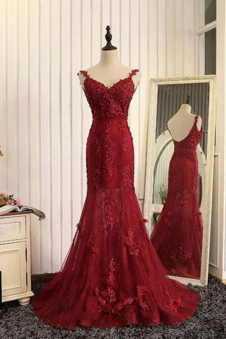 Burgundy Lace Prom Dress Long Appliqued Mermaid Prom Party Gowns Plus Size Formal Evening Party Gowns 2019 Custom Made