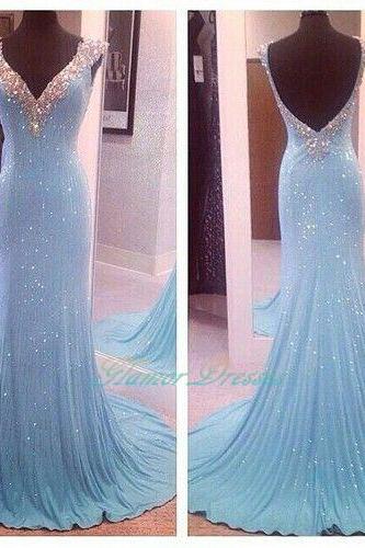 Light Blue Sequin Beaded Mermaid Prom Dress, Fashion Women Prom Gowns ,custom Made Long Evening Dress, Sweep Train Evening Party Gowns For