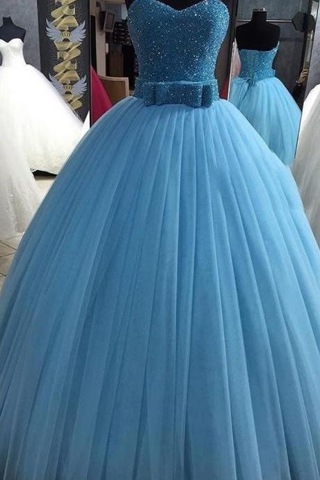 Sparkly Beaded Crystal Long Prom Dress, Blue Tulle Sweet Prom Gowns , Long Quinceanera Dress ,vestido De Festia Quinceanera Gowns For Women