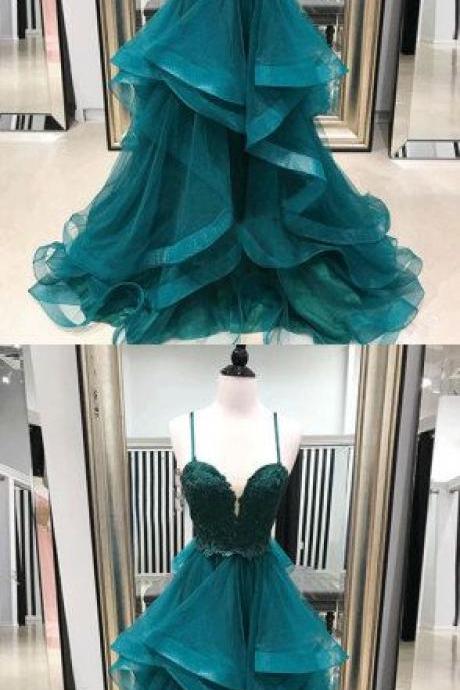 Sexy A Line Green Tulle Long Prom Dress Plus Size Spaghetti Straps Lace Prom Party Gowns , Formal Evening Dress Custom Made 