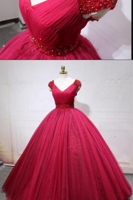 Sexy Ball Gown Tulle Long Prom Dress Beadeding 2019 Burgundy Ruched V-neck Evening Dress, Women Party Gowns 2019 Prom Gowns