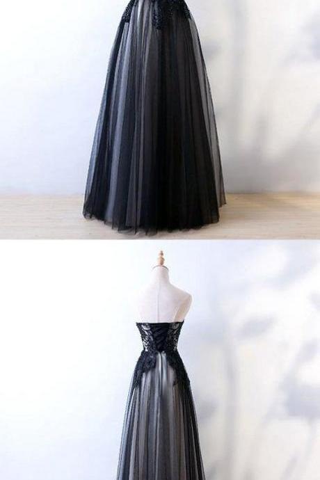 A Line Black Tulle Long Prom Dress Strapless Women Prom Party Gowns ,floor Length Evening Dress