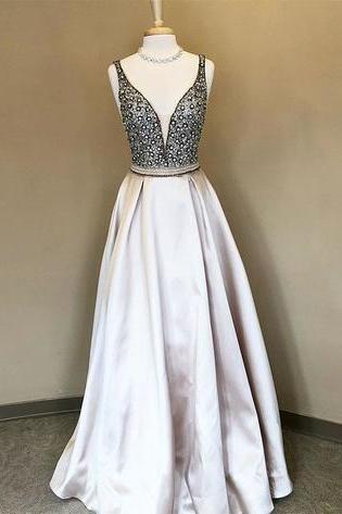 Luxury Beaded Crystal Bodice Long Prom Dress Sexy Backless Women Evening Gowns A Line Evening Party Gowns ,a Line Women Pageant Dress