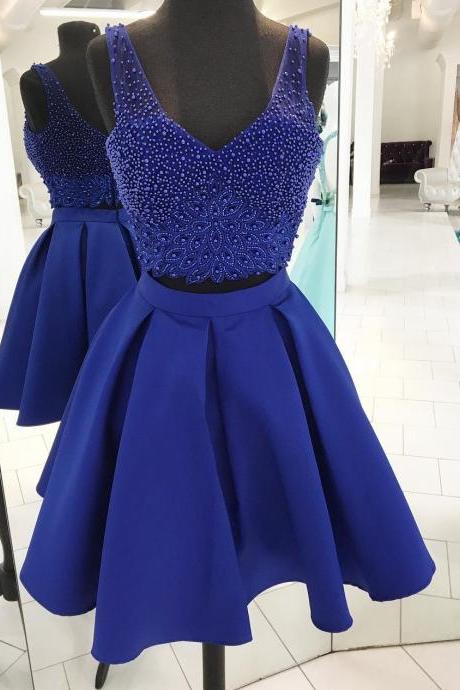 Royal Blue Beaded Two Pieces Short Homecoming Dress, Short 2 Pieces Prom Party Gowns ,short Cocktail Gowns, Strapless Women Party Gowns