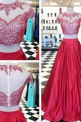 Plus Size Two Pieces Red Beaded Long Prom Dress, Custom Made Prom Gowns With Caped Sleeve, Formal Evening Dress A Line