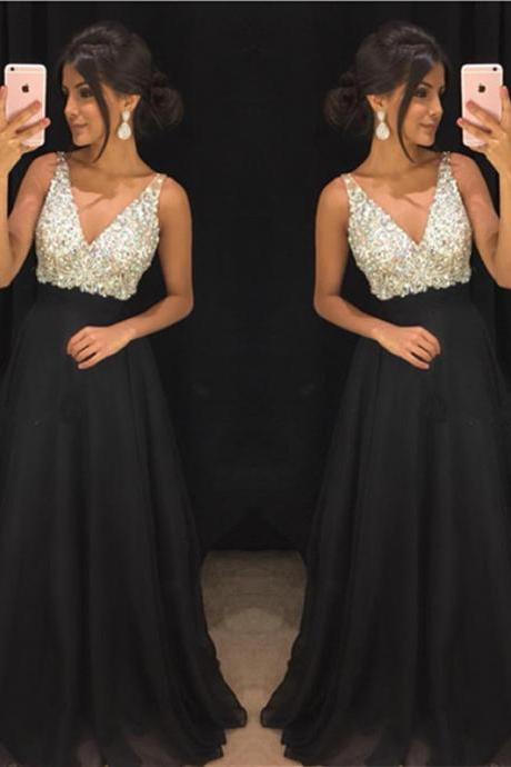 Sexyv-neck Black Chiffon Beaded Crystal Long Prom Dress A Line Women Party Gowns Custom Made Evening Dress, Long Evening Party Gowns