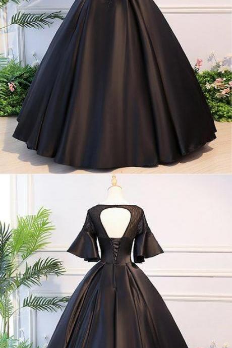 Fashion Black Satin Sexy Backless Long Prom Dress With Half Sleeve , Long Prom Party Gowns ,formal Ball Gown Evening Dress