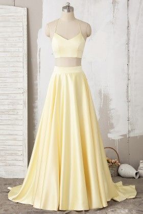 Two Pieces Light Yellow Satin Prom Dress A Line Halter Prom Party Gowns Custom Made Women Party Gowns .plus Size Women Party Gowns