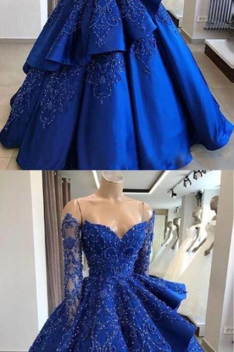 Luxury Royal Blue Satin Beaded Women Prom Dress Ball Gown Formal Evening Party Gowns 2019 ,plus Size Quinceanera Dress ,sweet 16 Prom Gowns