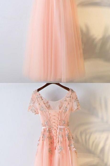 Floor Length Coral Tulle Long Prom Dress Sexy Backless Women Evening Party Gowns With Caped Sleeve ,a Line Long Prom Gowns