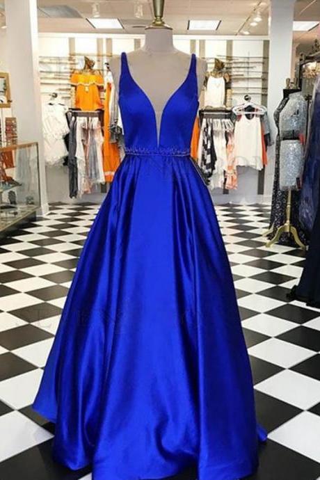 Royal Blue Deep V-neck Satin Long Prom Dress A Line Prom Gowns ,wedding Party Dress, Long Bridesmaid Dress