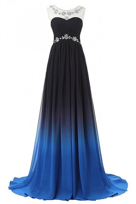 Sexy A Line Scoop Neck Gradient Chiffon Prom Dress Sexy Backless Prom Party Gowns Plus Size Long Evening Dress, Long Women Dress, Bridesmaid Dress Long 