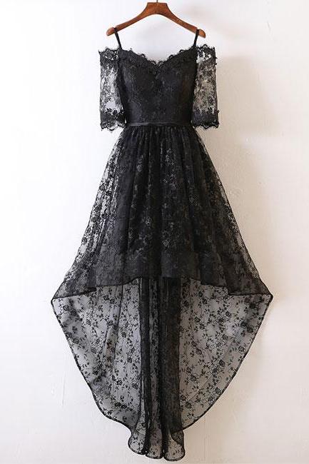Custom Made Black Lace High Low Prom Dress A Line Sweet 16 Prom Gowns Custom Made Women Party Gowns High Low Homecoming Dress