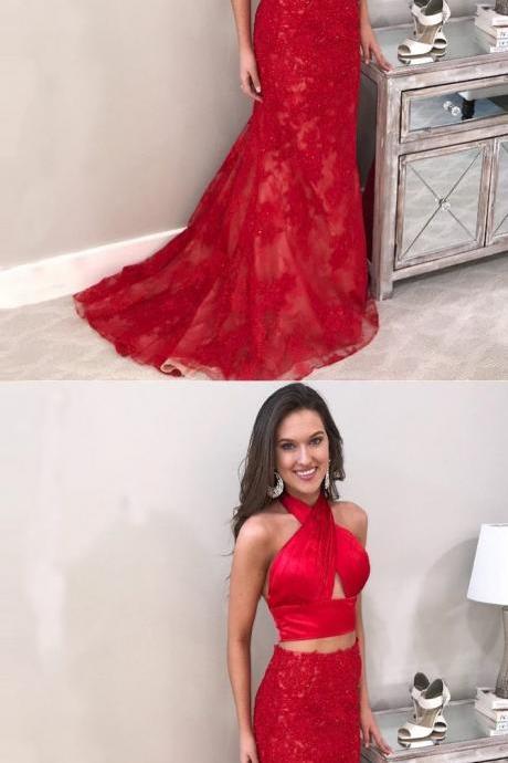 Two Pieces Red Satin Long Prom Dress,long Prom Party Gowns ,plus Size Formal Evening Dress, Sexy Prom Party Gowns
