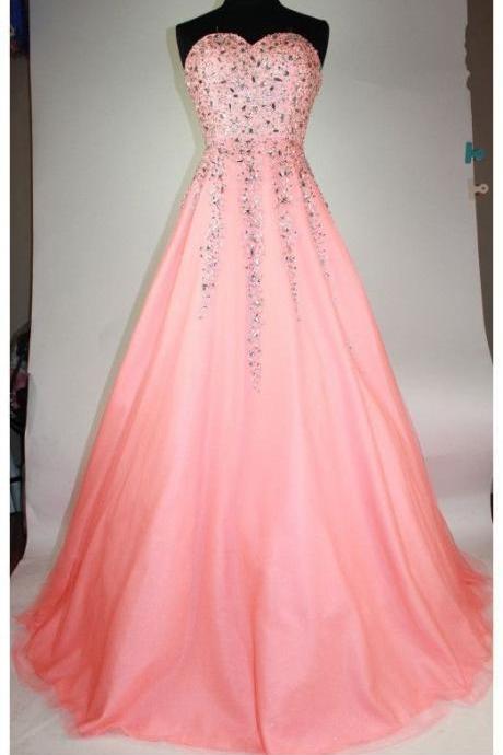 Shiny Beaded Crystal Long Prom Dress Custom Made Formal Evening Dress, Sexy A Line Pink Tulle Prom Party Gowns ,2019 Fashion Women Gowns