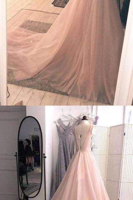 Sexy V-neck Light Pink Tulle Prom Dress Plus Size V-neck Prom Party Gowns Custom Made Women Evening Dress, A Line Long Evening Gowns