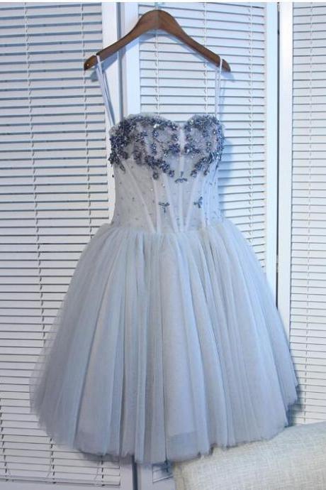Dashion Gray Tulle Beaded Short Homecoming Dress, Sweet 16 Prom Gowns ,short Cocktail Party Gowns ,junior Party Dress For Girls
