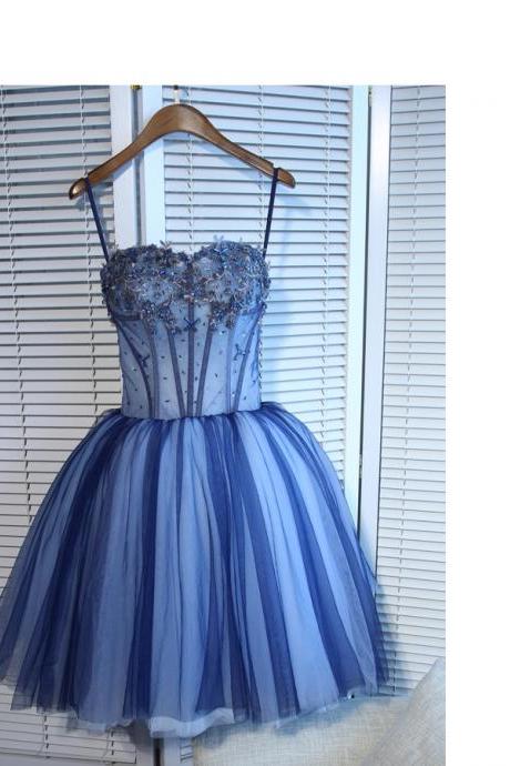 Blue Tulle Short Homecoming Dress, Off Shoulder Beaded Cocktail Dress Short, Mini Party Dress, Short GraDUATION dRESS ,Sexy ball Gown Prom Dresses 