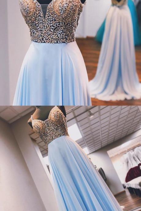 Sexy Light Blue Beaded Chiffon Long Prom Dress Sweet Prom Party Gowns Plus Size A Line Evening Gowns , Cheap Beaded Prom Party Gowns 