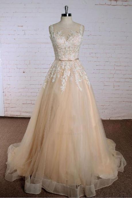 Scoop Neck Champagne Tulle Prom Dress With Appliqued A Line Women Evening Dresses, Custom Made Women Party Gowns