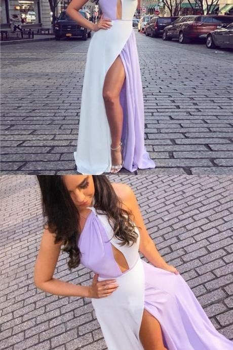 Long Prom Dress With Mix Colour, Custom Made White And Lavender Chioffn High Slit Prom Party Gowns ,Cheap Evening Dress 2019 