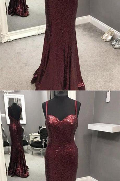 Shiny Burgundy Sequin Mermaid Prom Dress , Sexy Backless Long Prom Dresses, Formal Evening Dress, Plus Size Evening Party Gowns