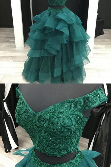 Green Two Pieces Tulle Prom Dress With Beaded, Long Prom Gowns , Two Pieces Homecoming Dress, A Line Women Gowns