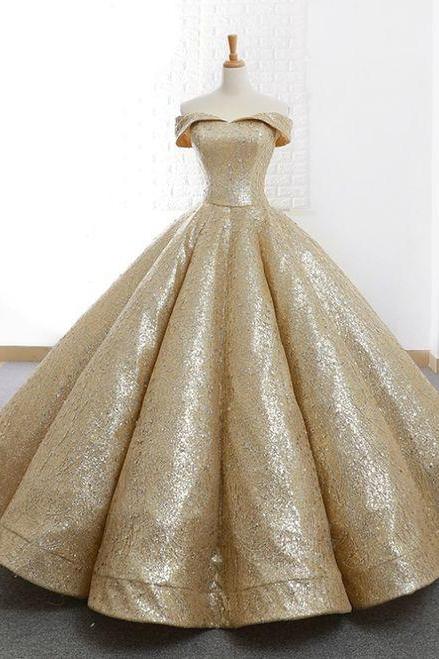 Fashion Gold Sequin Long Prom Dress Ball Gown Women Prom Gowns Elegant Quinceanera Dress, Off Shoulder Sweet 16 Prom Gowns ,quinceanera Party