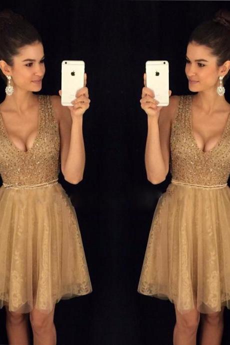 Shiny Gold Beaded Sequin Tulle Homecoming Dress Short A Line Mini Cocktail Party Gowns ,short Graduation Dresses