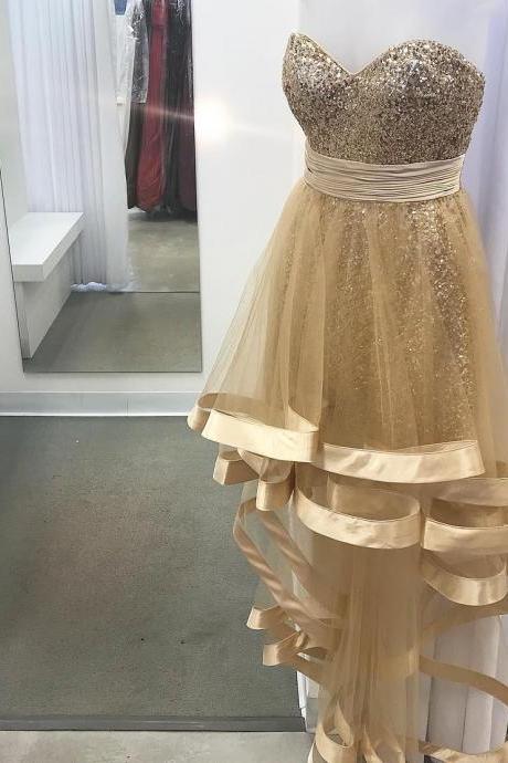 Gold Sequin Sweet High Low Prom Dress,high Low Prom Gowns ,sweet 16 Prom Gowns ,junior Party Dresses