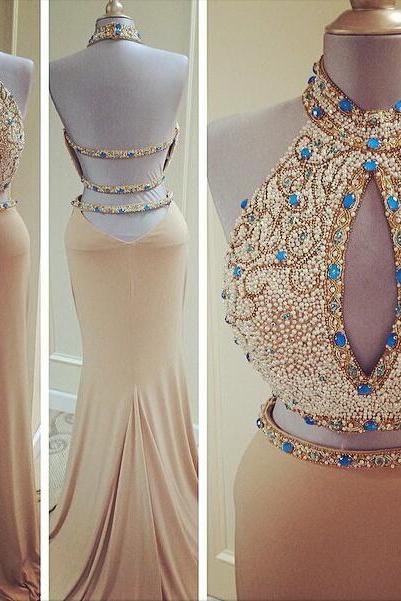 Fashion Two Pieces Mermaid Prom Dress Beaded Halter Neck Women Evening Party Gowns ,plus Size Women Dress,