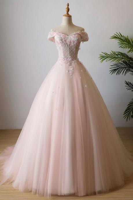 Fashion A Line Pink Tulle Long Prom Dress Custom Made Women Evening Party Gowns , Prom Gowns
