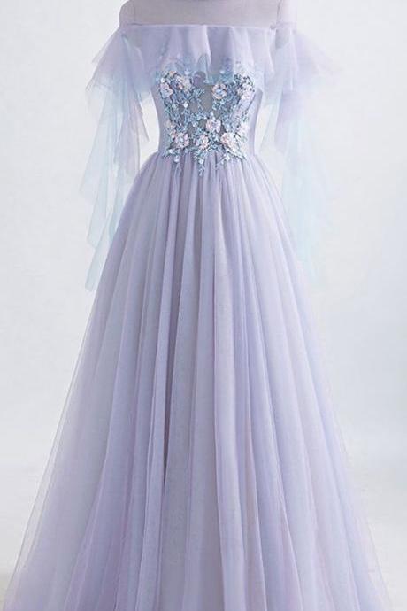 Custom Made Sexy Lavender Tulle Long Prom Dress With Lace Appliqued, Plus Size Women Party Gowns ,long Quinceanera Dress .