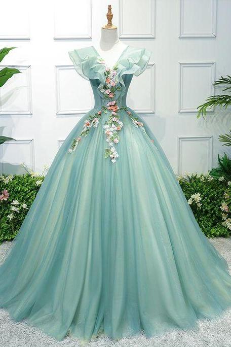 Sexy A Line Quinceanera Party Dress V-neck Pricess Quinceanera Dress Wiith Caped Sleeve , Long Prom Dress 2019
