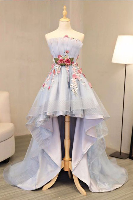 Elegant Sky Blue Tulle High Low Prom Dress With Lace Flowers Appliqued A Line Women Homecoming Dress ,sexy Women Pageant Gowns