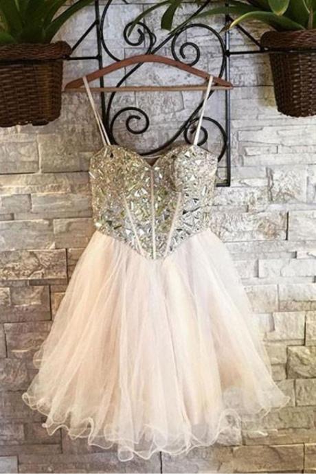Cute Beaded Crystal Short Homecoming Dress Light Champagne Short Prom Gowns Mini Cocktail Party Gowns