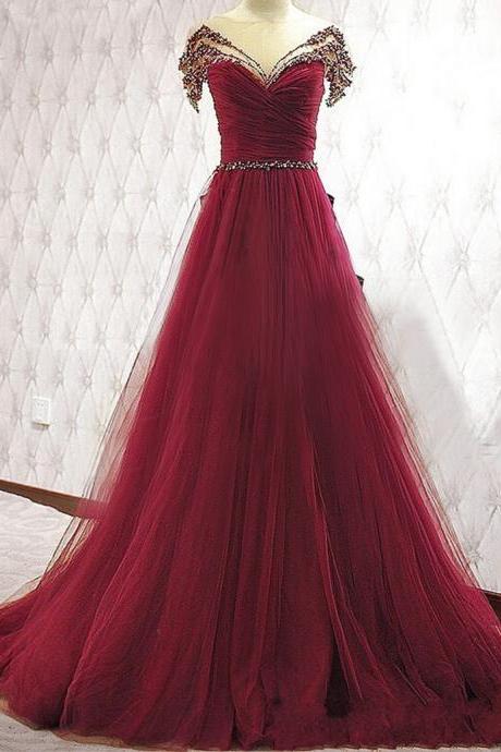 Fashion Burgundy Tulle Beaded Long Prom Dresses Custom Made Prom Party Gowns Plus Size Women Evening Party Gowns ,sexy Sheer Long Party Dress