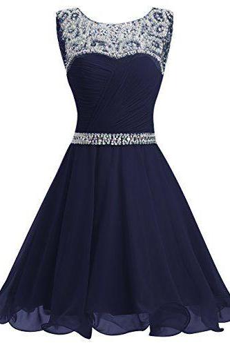 Charming Navy Blue Chiffon Beaded Short Homecoming Dress, A Line Women Scoop Short Cocktail Party Dress 