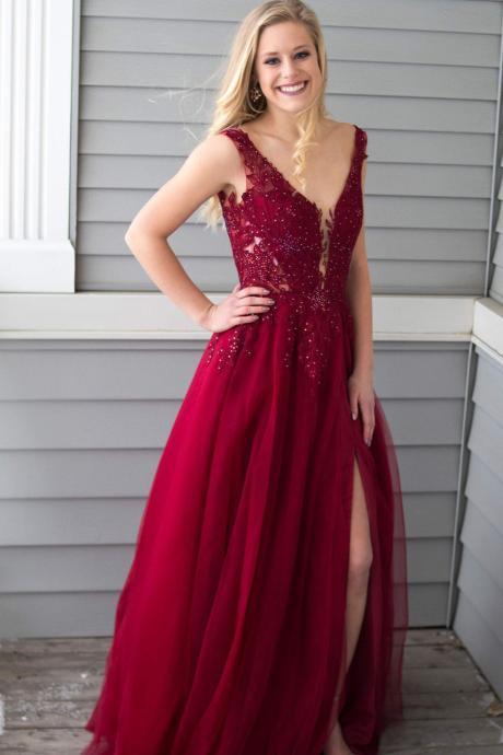 Sexy A Line Beaded Burgundy Chiffon Long Prom Dress With Side Slit , 2019 Fashion Sexy Deep V-neck Prom Party Gowns ,plus Size Women Evening