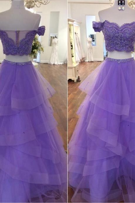 Sexy A Line Lavender Tulle Long Prom Dresses With Lace Appliqued And Beaded, Two Pieces Prom Dress, Formal Evening Dress, Wedding Party Gowns