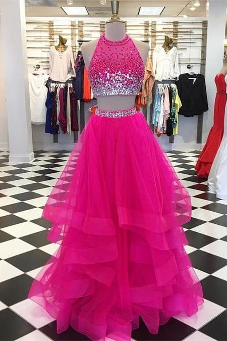 Sexy A Line Beaded Crystal Prom Dresses Fuchsia Tulle Long Prom Dress Luxury Women Party Gowns ,two Pieces Prom Dress.wedding Party Gowns