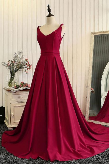 Sexy A Line Red Satin Prom Dress Evening Gowns V-neck Long Prom Dresses Plus Size Formal Evening Dress.red Graduation Party Gowns
