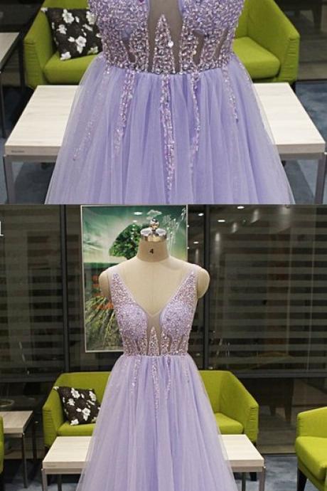 Luxury Beaded V-neck Sheer Lavender Tulle Long Prom Dresses Custom Made Women Prom Gowns ,floor Length Formal Evening Party Dress