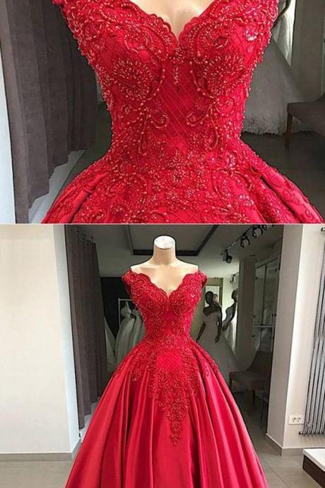 Fashion V-neck Lace Appliqued Long Prom Dress Red Satin Women Quinceanera Dress Custom Made Ball Gown Prom Party Dresses