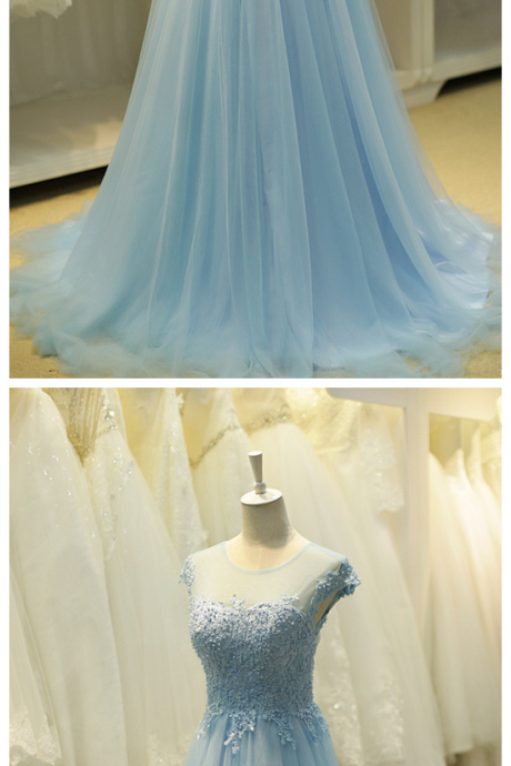 Sexy A Line Light Blue Lace Sccop Neck Long Prom Dress With Appliqued Sweep Train Prom Party Gowns Custom Made Evening Dress